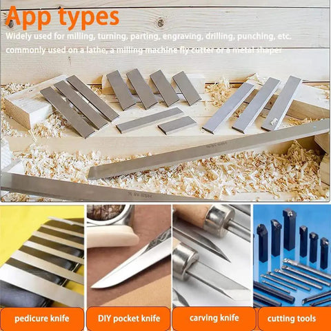 Pro Grade HSS Lathe Tool Bit 6mm x 40mm x 200mm Square Turning Tool Blank displayed with various knives and tools.