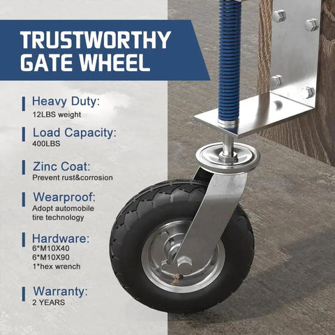 Heavy Duty 8 Inch Gate Wheel For Wooden Or Metal Gates With Pneumatic Tire Spring Loaded 360 Degree Rotation 400 Lb Capacity Includes Screws And Spanner For Smooth Sliding And Stable Gate Positioning, shown with zinc coat and wearproof features.