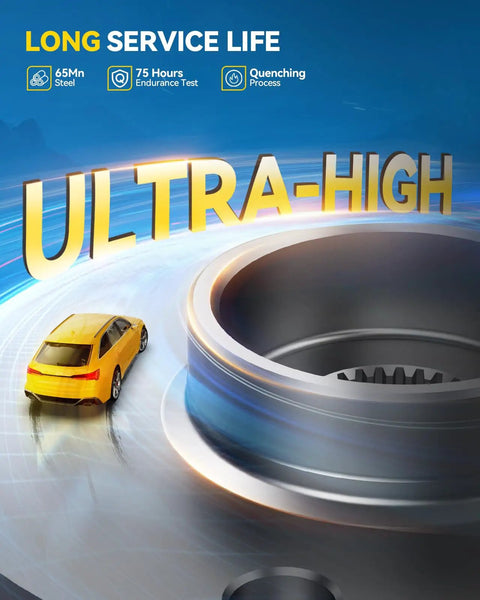 Close-up of heavy-duty rear wheel bearing hub assembly emphasizing ultra-high durability for Ford Focus 2012 to 2018.