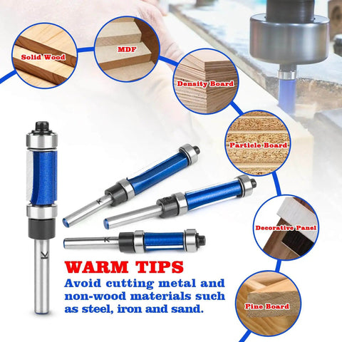 Top And Bottom Bearing Flush Trim Router Bit Set With One Quarter Inch Shank, Carbide Cutter in use on wood materials