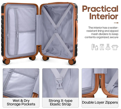 Interior of Three Piece Luggage Set With 20 Inch Carry On Spinner Wheels PC Hardside Suitcase TSA Lock Durable Travel Setup