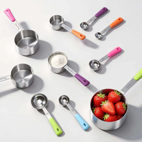 Stainless Steel Measuring Cups And Spoons Set 10 Piece For Cooking And Baking Includes 5 Cups And 5 Spoons With Colorful Handles