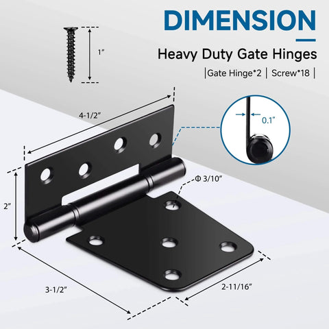 Diagram of 3.5 Inch Heavy Duty Gate Hinges 2 Pack Black Iron Extra Thick T Gate Hinges with screws for installation dimensions shown.
