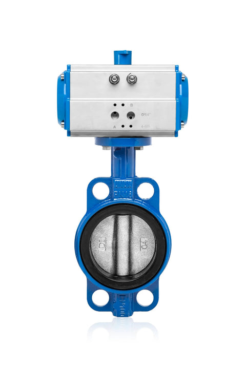 UNOX pneumatic actuated butterfly valve, wafer DN125, blue body with silver actuator, stainless disc, EPDM seat.