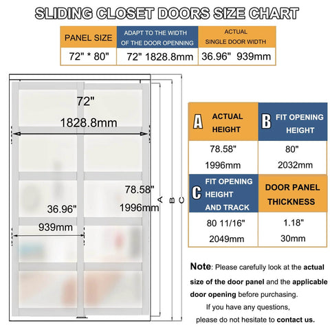 Size chart for 72 Inch Sliding Closet Door Kit With 5 Lite Frosted Glass Panels In White MDF Includes Hardware Track And Floor Guide Pre Drilled For Easy Assembly Space Saving Double Sliding Doors For Modern Bedroom Closet