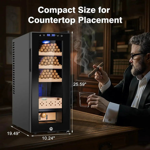 Electric Cigar Humidor Cabinet With 35L Capacity Precise Temperature And Humidity Control on a countertop beside a man smoking a cigar