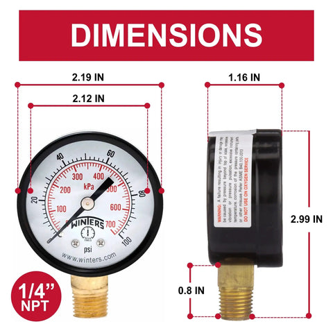 2 Inch Dial Dry Pressure Gauge With Brass Internals And Black Steel Case Dual Scale 0 To 100 Psi And KPa Bottom Mount