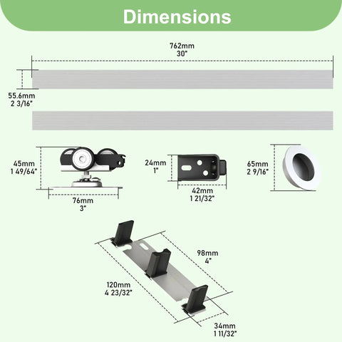 Dimensions and components of 5 Foot 60 Inch Bypass Door Hardware Kit with Aluminum Double Closing Sliding Closet Doors
