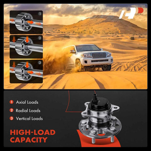 Rear Right Wheel Bearing And Hub Assembly With ABS And 5 Lug For Toyota Highlander 2008 2013 FWD Compatible High Load Capacity Durable Replacement Easy Install displayed with loading capability graphics