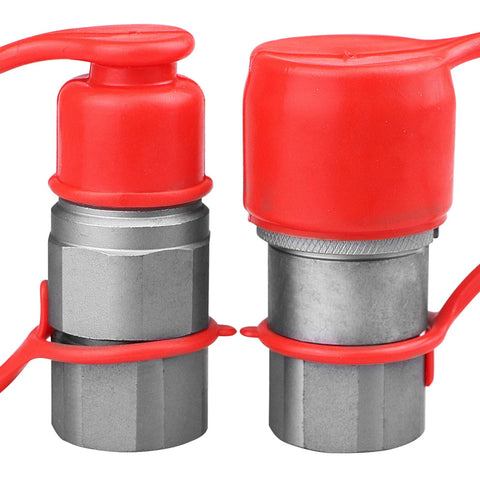 Pair of 3/4 in SAE skid-steer flat-face hydraulic quick-connect couplers with red dust caps and gray metal bodies.