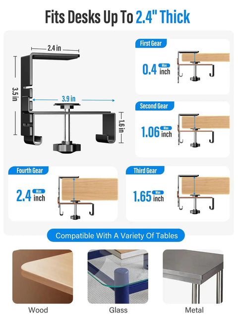 Diagram showing clamp dimensions for Upgraded No Drill Under Desk Cable Management Tray With Fabric Cord Hider, compatible with various desk types.
