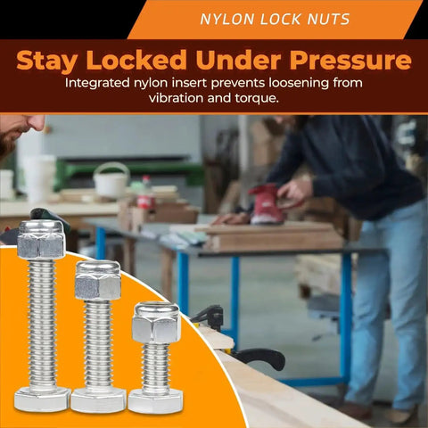 3/4-10 Nylon Insert Lock Nuts, Grade 8 Zinc Plated Carbon Steel, 8-Pack shown in workshop setting with nylon insert focus