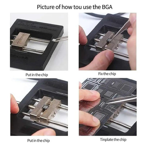 BGA rework tool used for fixing and tinplating chips in four steps with hands working on the device.