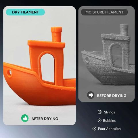 Comparison of dry vs. moisture filament effects after using 3Kg Filament Dryer SP2 With Storage Box for improved 3D printing.