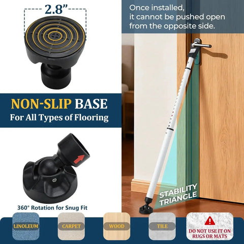 Three In One Door Security Bar With Heavy Duty Metal, Adjustable From Sixteen To Forty One Point Seven Inches, Sliding Patio Door Lock Stick With Two Point Eight Inch Non Slip Base, Portable Home, Apartment And Travel Safety Lock For Doors And Windows, shown in installed position on door with stability triangle and non-slip base detail.