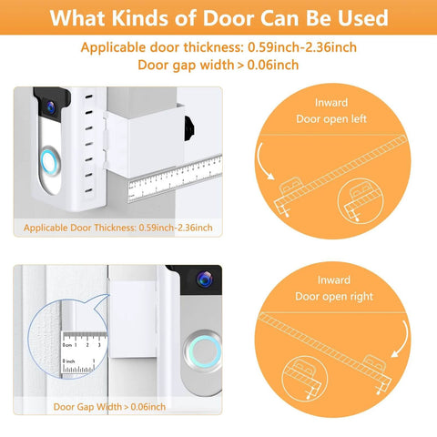 Dimensions of no-drill video doorbell mount for Ring and Blink, showing door thickness and gap requirements with diagrams.