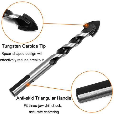 Close-up of a drill bit from All-In-One 8 Piece Go-To Multi Material Drill Bit Set with tungsten carbide tip and anti-skid handle