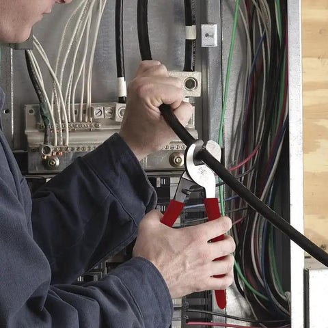 Beefy Heavy Duty Cable Cutter For Aluminum, Copper And Communications Cable With One-Hand Operation used in an electrical setup