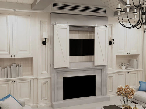 Dope 48 Inch Double Cabinet Barn Door Hardware Kit Stainless Steel Top Mount Rail on white cabinets in living room.