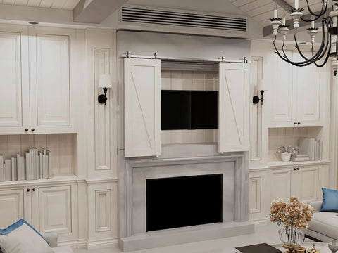 Installed 72 Inch Mini Barn Door Hardware Kit For Double Cabinet Doors, top mount stainless steel rail above fireplace