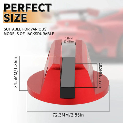 Universal Aluminum Grooved Magnetic Jack Pad With Nylon Pad Insert For Cars, SUVs, Trucks And Sedans, red pad and measurements
