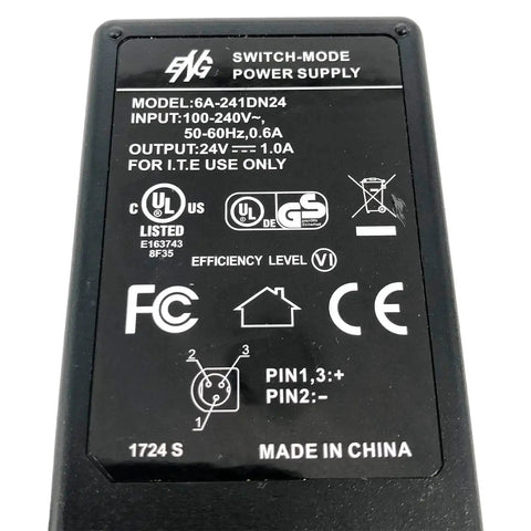 Back view of Worldwide 24W AC Adapter 24V 1A Switching-Mode Power Supply With Cord 3-Pin Connector 100-240V Input Easy Plug And Play Model 6A-241DN24 Compatible showcasing specifications and compliance logos.