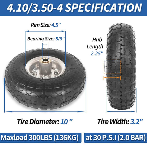 4.10/3.50-4 Inch Tire And Wheel Set, 10 Inch Pneumatic Wheel With 2.25 Inch Offset Hub And 5/8 Inch Axle Bore, side and front view
