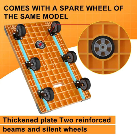 Heavy Duty Folding Platform Cart With 1764 Pound Capacity and reinforced thickened base showing six wheels and spare wheel detail