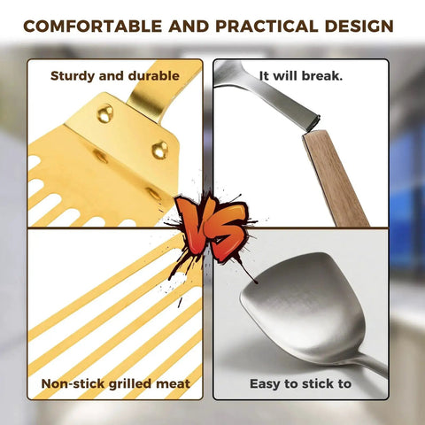 Comparison of High Heat Stainless Steel Slotted Spatula For Frying And Turning With Non Slip Ergonomic Handle in gold finish versus other spatulas.