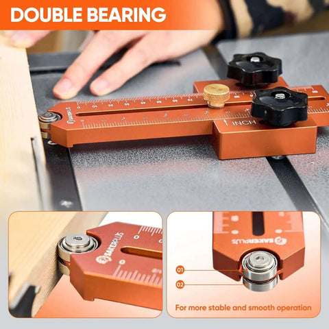 Go-To Thin Rip Jig For Table Saw And Router with double bearing, CNC aluminum construction, for narrow strip cutting.