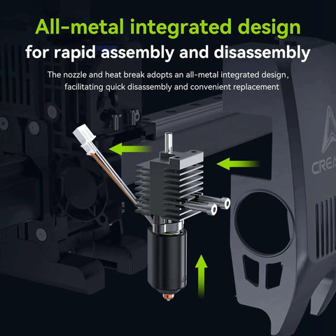 K2 Plus Ceramic Heating Block Hotend Kit With Unicorn Quick Swap Nozzle Kit All Metal Integrated Design shown with assembly features