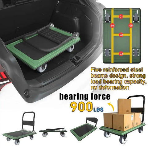 Heavy Duty Folding Push Cart Platform Trolley With Reinforced Beams And Four Quiet Thickened Rubber Wheels, 900 lb capacity shown in trunk.