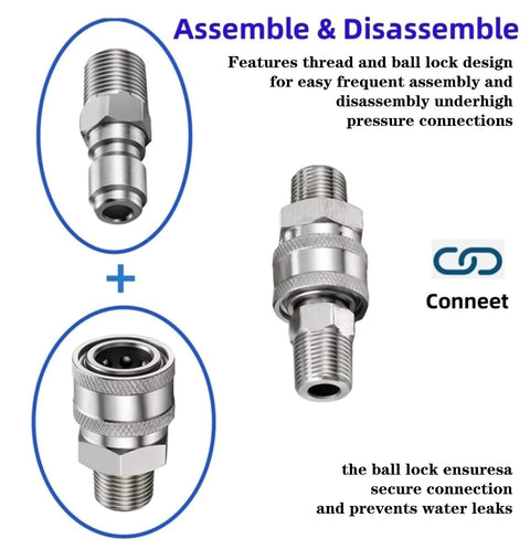 Stainless steel 3/8 in quick-connect fittings kit with male and female adapters, four pieces