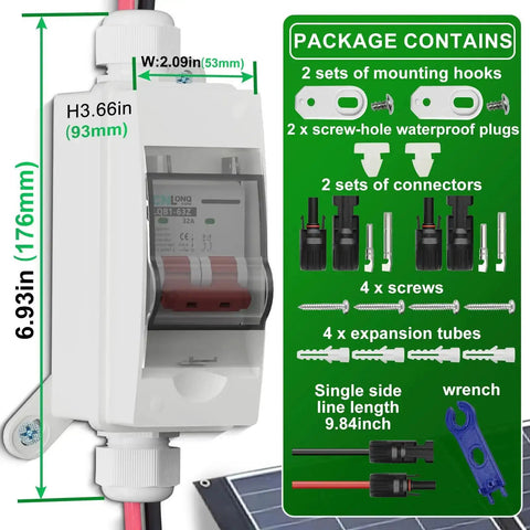 32 Amp 500V DC Solar Disconnect Switch With Plug and Play Connector in IP65 waterproof box with installation components