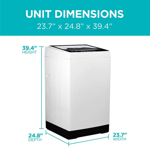 Portable Washer 3 Cu Ft, 6 Cycles, LED, Transparent Lid, Drain Hose Included, dimensions labeled as 23.7 x 24.8 x 39.4 inches