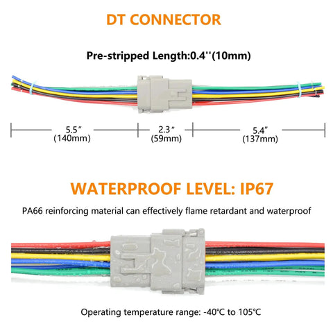Diagram of Beefy 12 Pin Deutsch DT Waterproof Automotive Electrical Butt Connector Kit with 16 AWG wires and IP67 rating.
