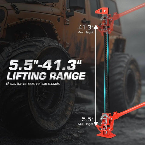 Universal 48 Inch Farm Jack Ratcheting 3 Ton Off Road Tool For Car Truck SUV showing 5.5 to 41.3 inch lifting range