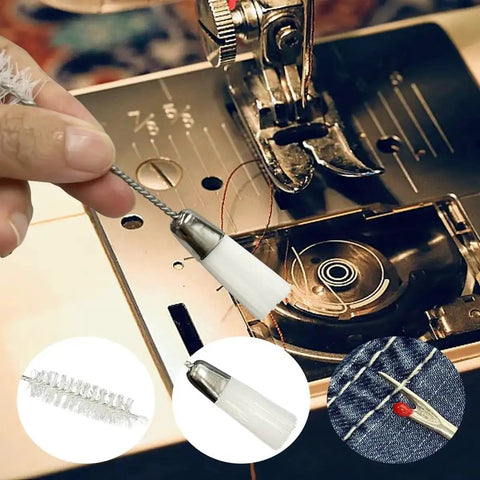 All In One Sewing Machine Cleaning Kit with tweezers and double-headed brush next to sewing machine components