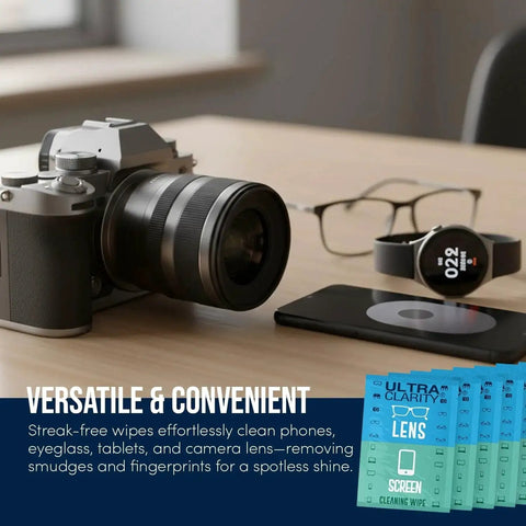 Premoistened Lens Cleaning Wipes for Glasses and Screens Optical 210 Pack near camera and smartphone on table