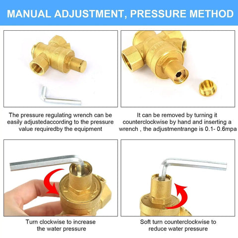 Instructions showing manual adjustment of Half Inch Water Pressure Regulator Valve With Gauge For Home Plumbing, Heavy Duty Brass