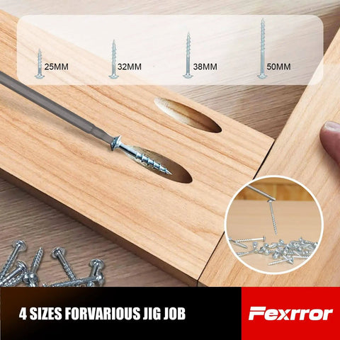 Heavy Duty Aluminum Pocket Hole Jig Kit With Storage Bag, 56 Pcs, 15 Degree Angle Holes, showing screws and wood joints.