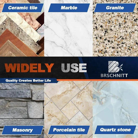 Variety of tile materials including ceramic, marble, granite, masonry, porcelain, and quartz stone displayed in grid format.