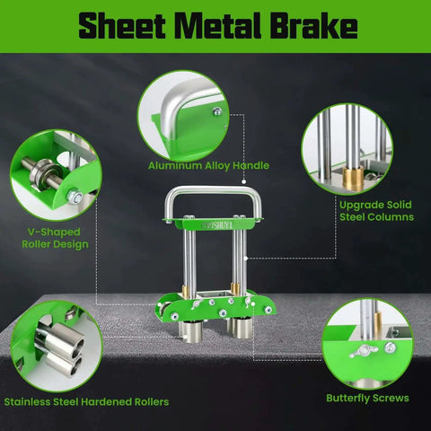 Lightweight Hand Sheet Metal Bender for Roofing Tools with built-in metal snips, featuring aluminum handle and steel columns, close-up view
