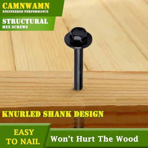 Heavy Duty Wood Screws Pack Of 50 Size 14 By 6 Inches With Hex Head And Hex Socket Black Alloy Steel visible on wood surface