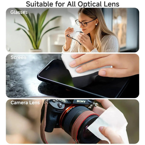 Using Anti Fog Lens Wipes For Glasses And Screens Premoistened Individually Wrapped on glasses, phone screen, and camera lens.