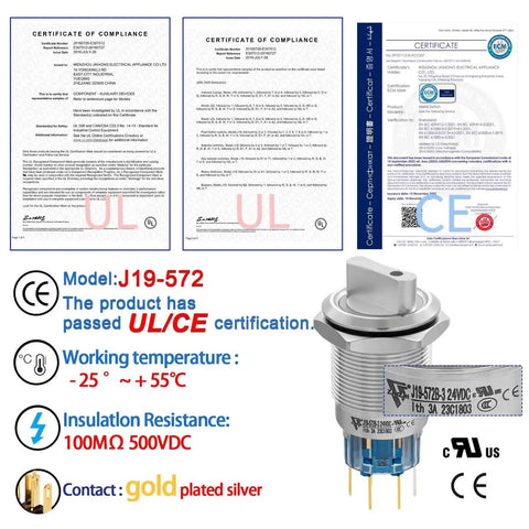 Three Position 19mm Rotary Switch With Blue LED, UL Certified, stainless steel housing, CE certification documents, switch details.