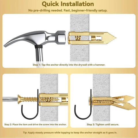 Installation steps for the Self Drilling Drywall Anchors With Screws Kit 100 Pieces Including 50 Sheetrock Anchors And 50 Screws No Pre Drilling Required Three Size Options Quick Hammer In Installation For Wall Decor Shelves And Picture Hanging
