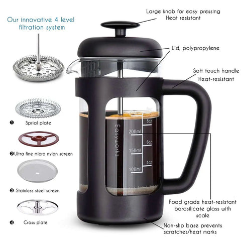 12 Oz French Press Coffee And Tea Maker With Borosilicate Glass Carafe And Soft Grip Handle No Fuss Four Level Filtration System Featuring Extra Fine Stainless Steel Mesh For Rich Smooth Brew At Home Or Office, front view with labeled parts