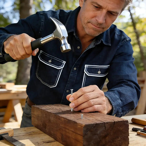Man hammering nail into wood using the 510 Piece Stainless Steel Nails Kit With 7 Sizes For Woodworking Fencing Furniture And DIY Projects