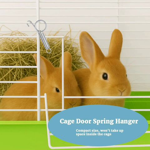 Two rabbits in a cage secured with a 40 Pack Metal Finger Spring Latch Hooks For Rabbit Cages Dog Crates Cat Doors.